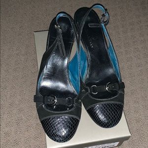 COLE HAAN Black Slingback Pumps with Textured Toe and Buckle